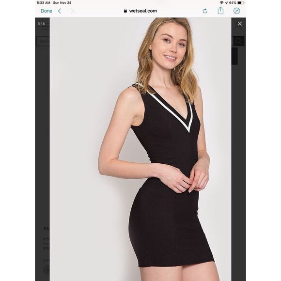 New~Black & White V Neck Mini Dress Sz Large - Picture 7 of 8